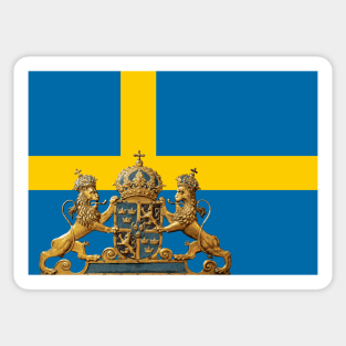 Swedish flag with Swedish coat of arms in foreground. Sticker